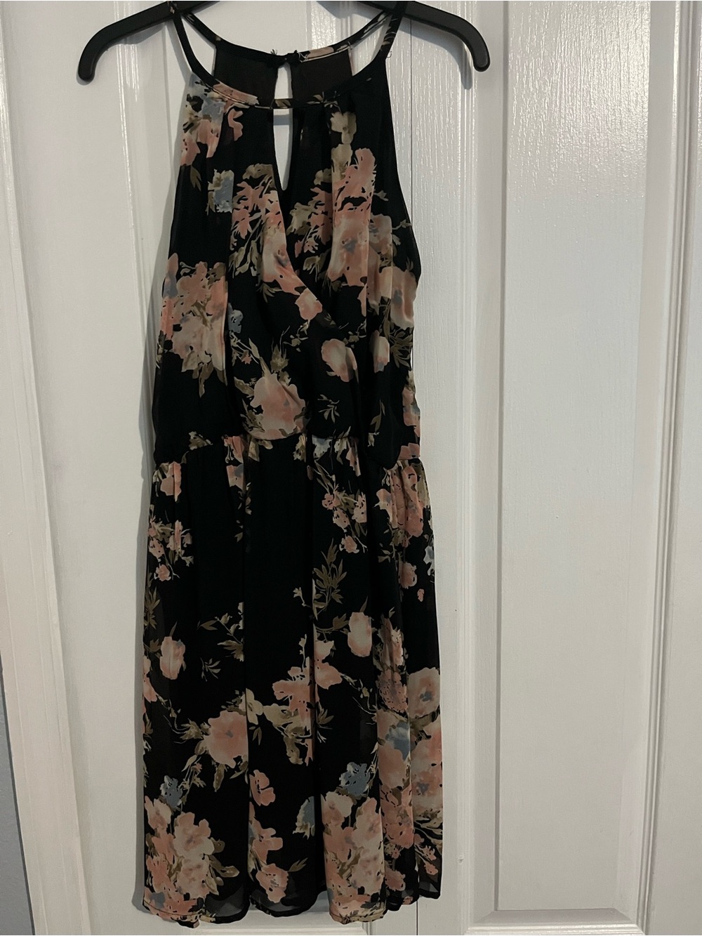 Black Floral Midi Dress with Pink Blooms and Keyhole Neck